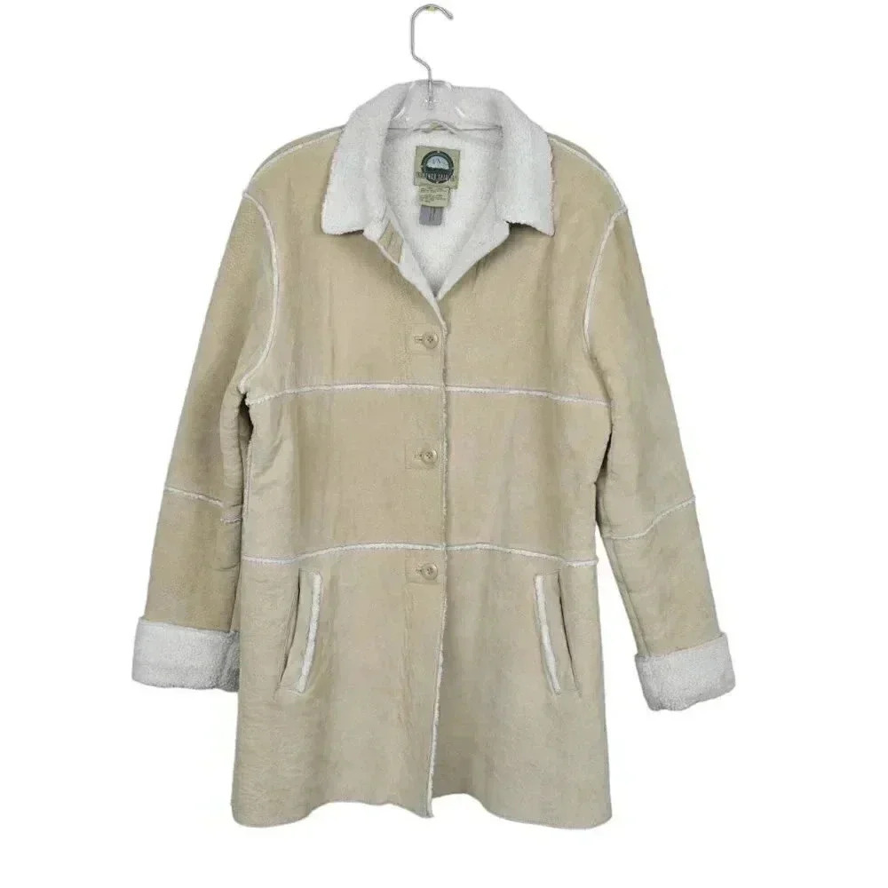 Vintage Weather Spirits Leather Shearling Sherpa Winter Jacket Coat Cream Large